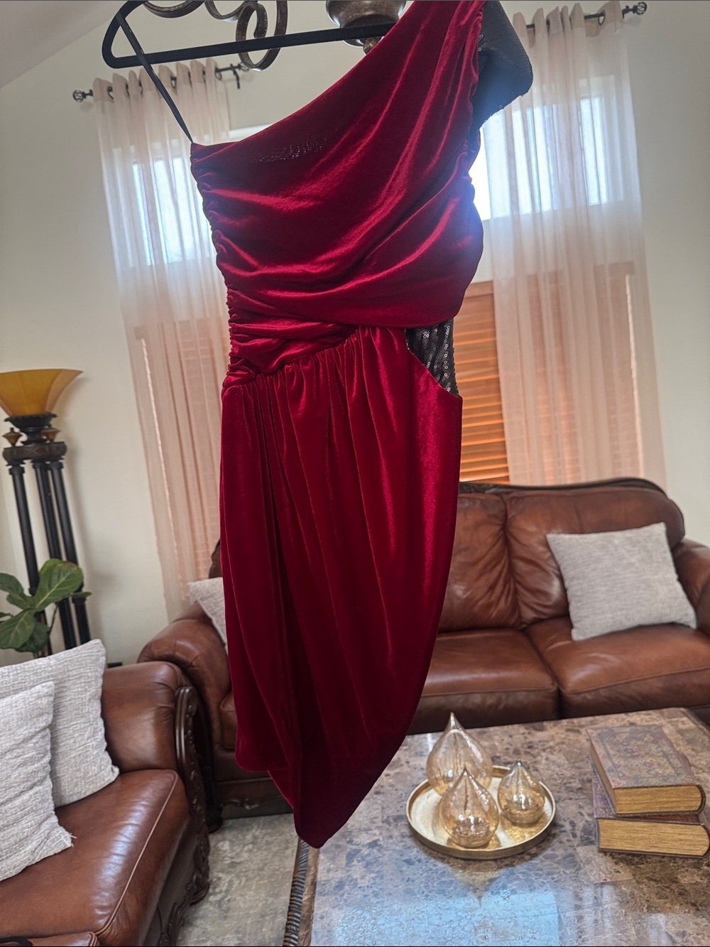 bebe Deep Red One-Shoulder Velvet Cocktail Dress